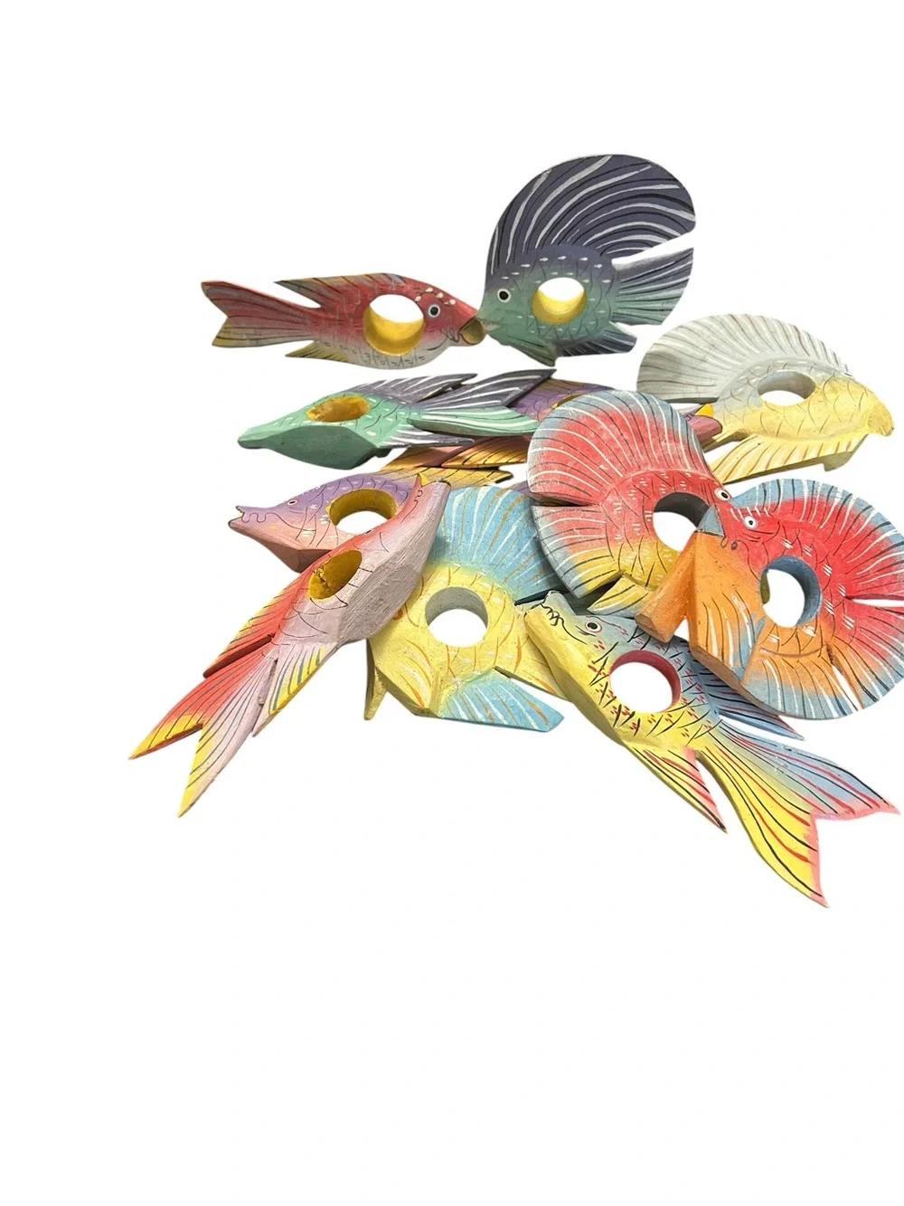Set of 10 Hand Painted Fish Napkin Rings Holders Wooden Tropical Hawaiian Cabin